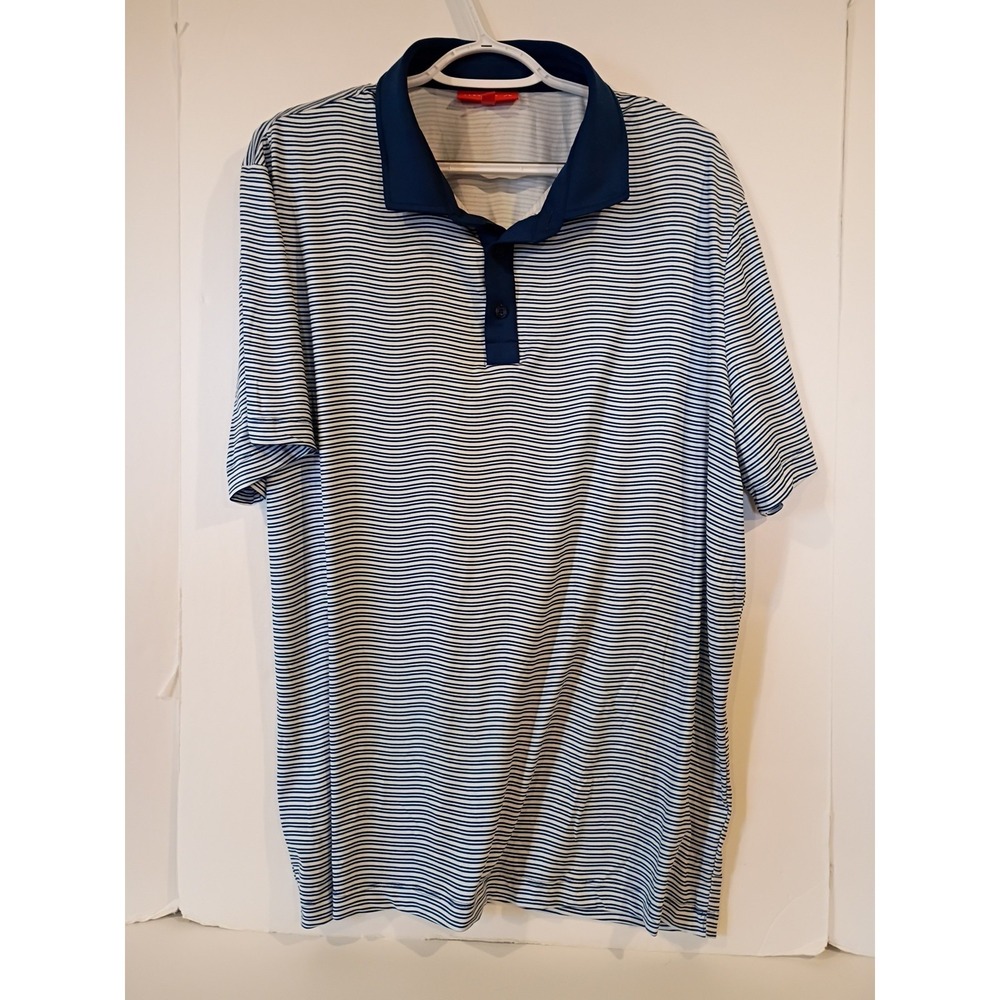 Redvanly Polo Shirt Mens Large White Blue Golf Performance Striped Stretch